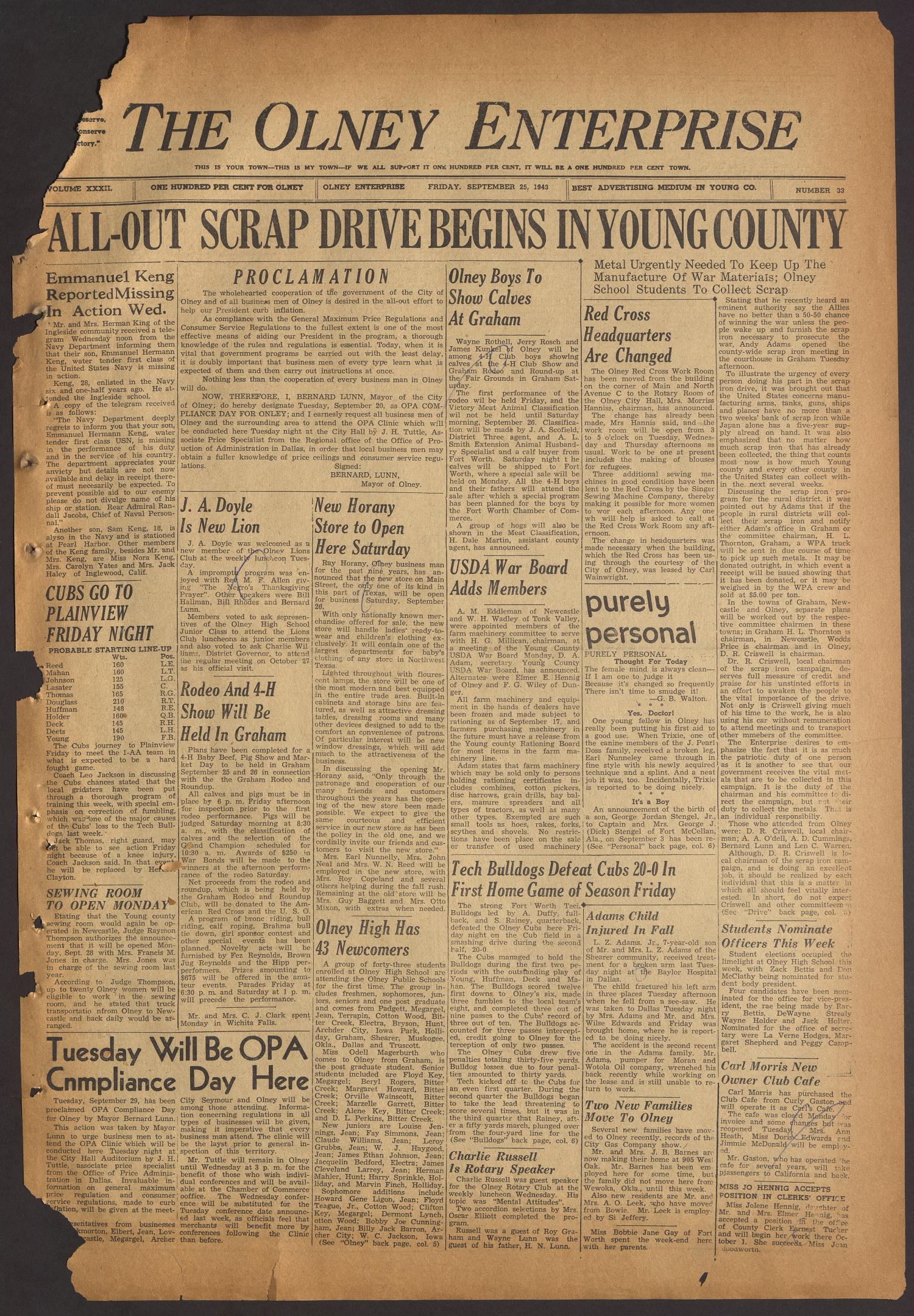 The Olney Enterprise (Olney, Tex.), Vol. 32, No. 33, Ed. 1 Friday, September 25, 1942
                                                
                                                    [Sequence #]: 1 of 8
                                                