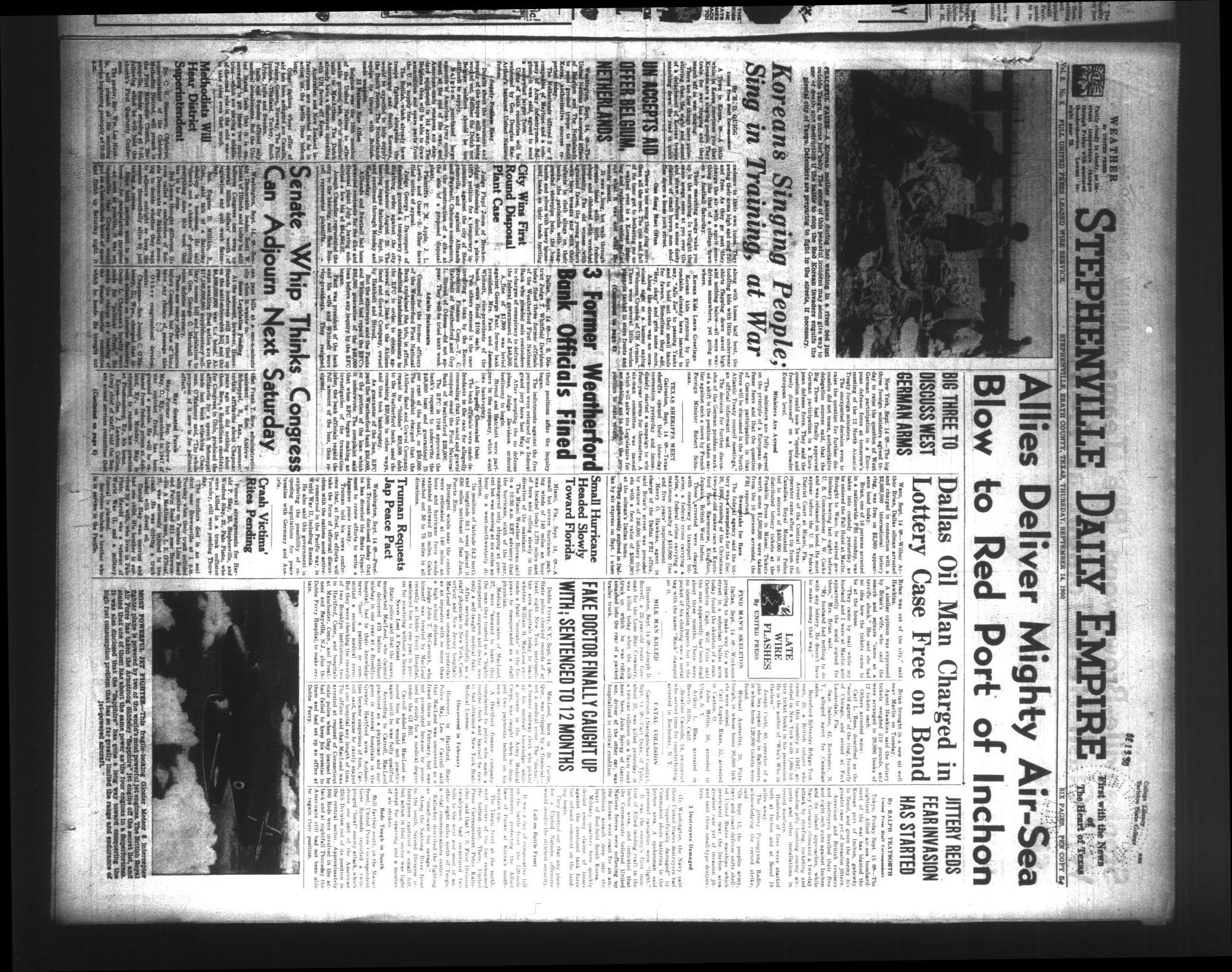 Stephenville Daily Empire (Stephenville, Tex.), Vol. 2, No. 8, Ed. 1 Thursday, September 14, 1950
                                                
                                                    [Sequence #]: 1 of 6
                                                