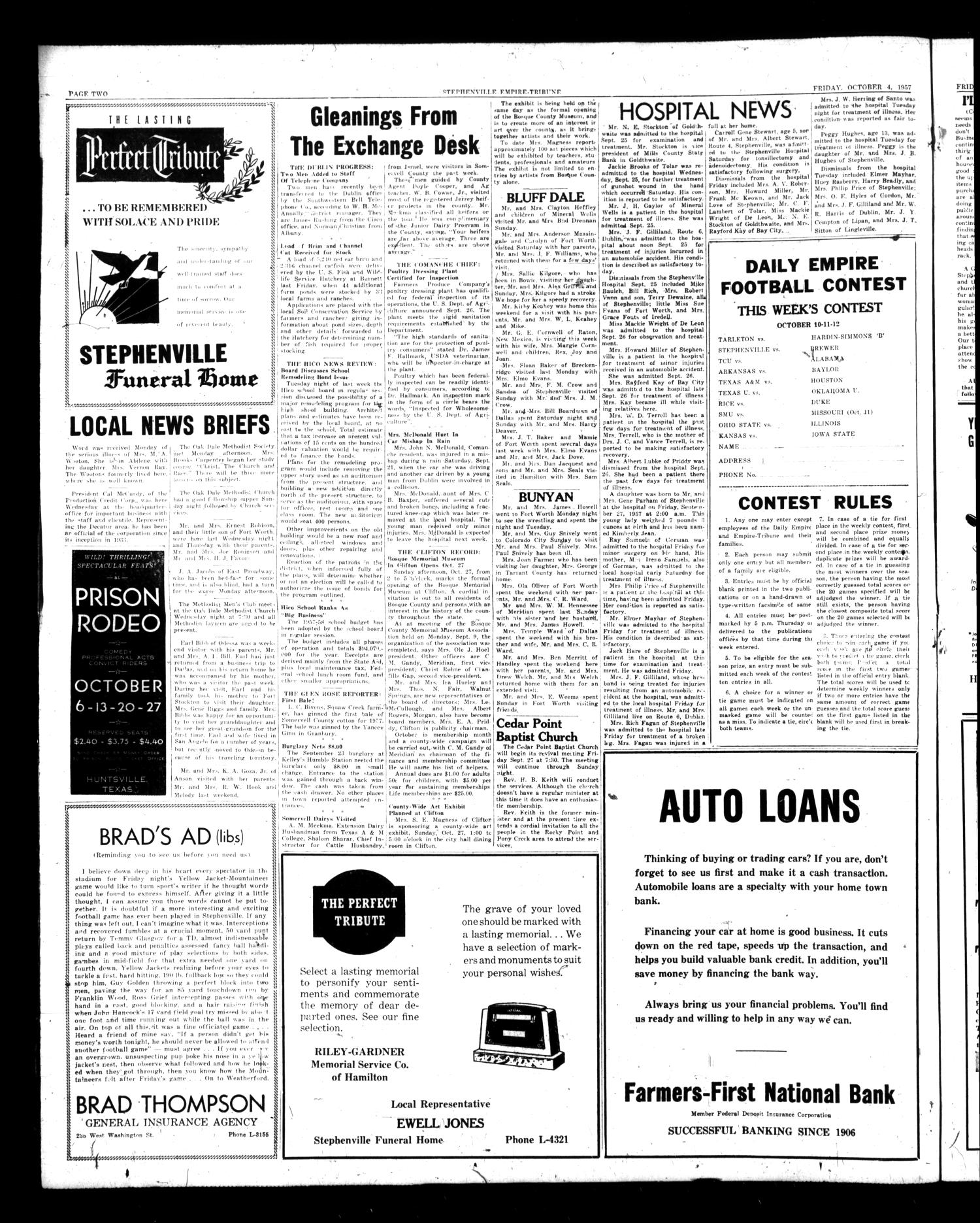 Stephenville Empire-Tribune (Stephenville, Tex.), Vol. 87, No. 34, Ed. 1 Friday, October 4, 1957
                                                
                                                    [Sequence #]: 2 of 14
                                                