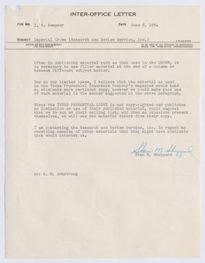 [Inter-Office Letter from Stanford M. Sheppard to I. H. Kempner, June 8, 1954]