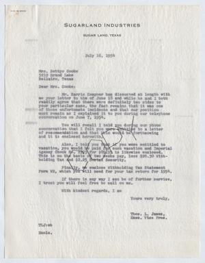 [Letter from Thomas Leroy James to Bettye Cooke, July 16, 1954]