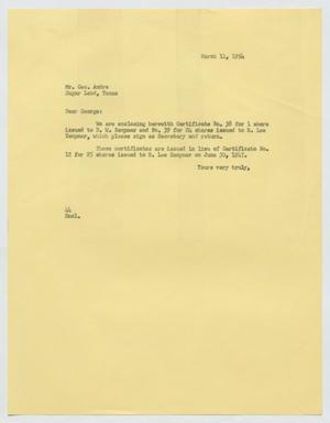 Primary view of object titled '[Letter from A. H. Blackshear Jr. to George Andre, March 11, 1954]'.