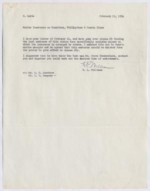 [Letter from Hugh L. Williams to Herman Lurie, February 15, 1954]
