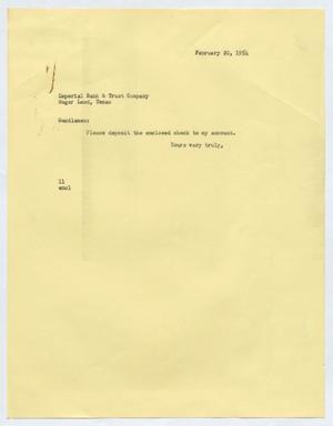 [Letter from Isaac Herbert Kempner to the Imperial Bank & Trust Company, February 20, 1954]