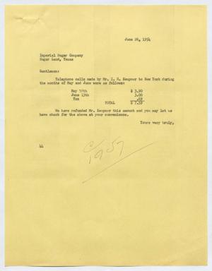 [Letter from A. H. Blackshear Jr. to the Imperial Sugar Company, June 26, 1954]