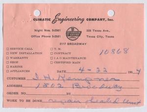 [Invoice for Climatic Engineering Company, Inc., April 22, 1954]