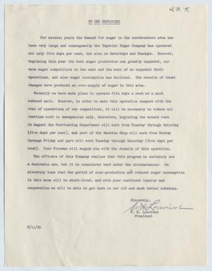[Imperial Sugar Company Employee Memorandum, August 11, 1954]