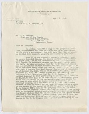 Primary view of object titled '[Letter from Baker, Botts, Andrews & Shepherd to I. H. Kempner, April 8, 1954]'.