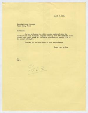 [Letter from A. H. Blackshear Jr. to the Imperial Sugar Company, April 9 ,1954]