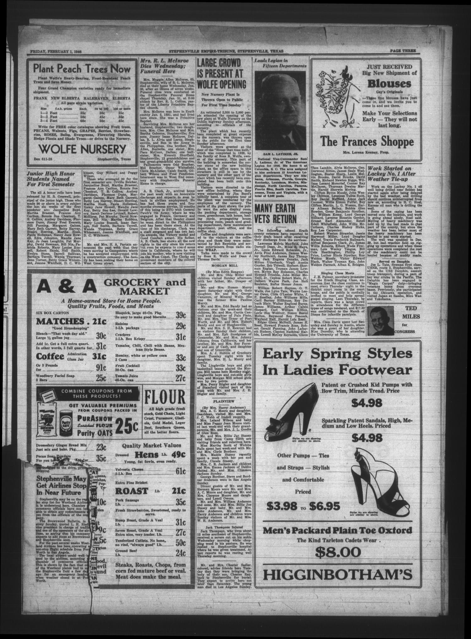 Stephenville Empire-Tribune (Stephenville, Tex.), Vol. 76, No. 5, Ed. 1 Friday, February 1, 1946
                                                
                                                    [Sequence #]: 3 of 16
                                                