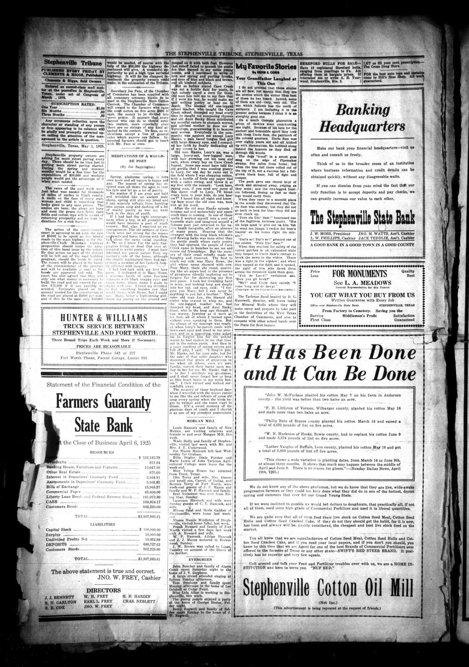 Stephenville Tribune (Stephenville, Tex.), Vol. 33, No. 19, Ed. 1 Friday, May 1, 1925
                                                
                                                    [Sequence #]: 6 of 10
                                                