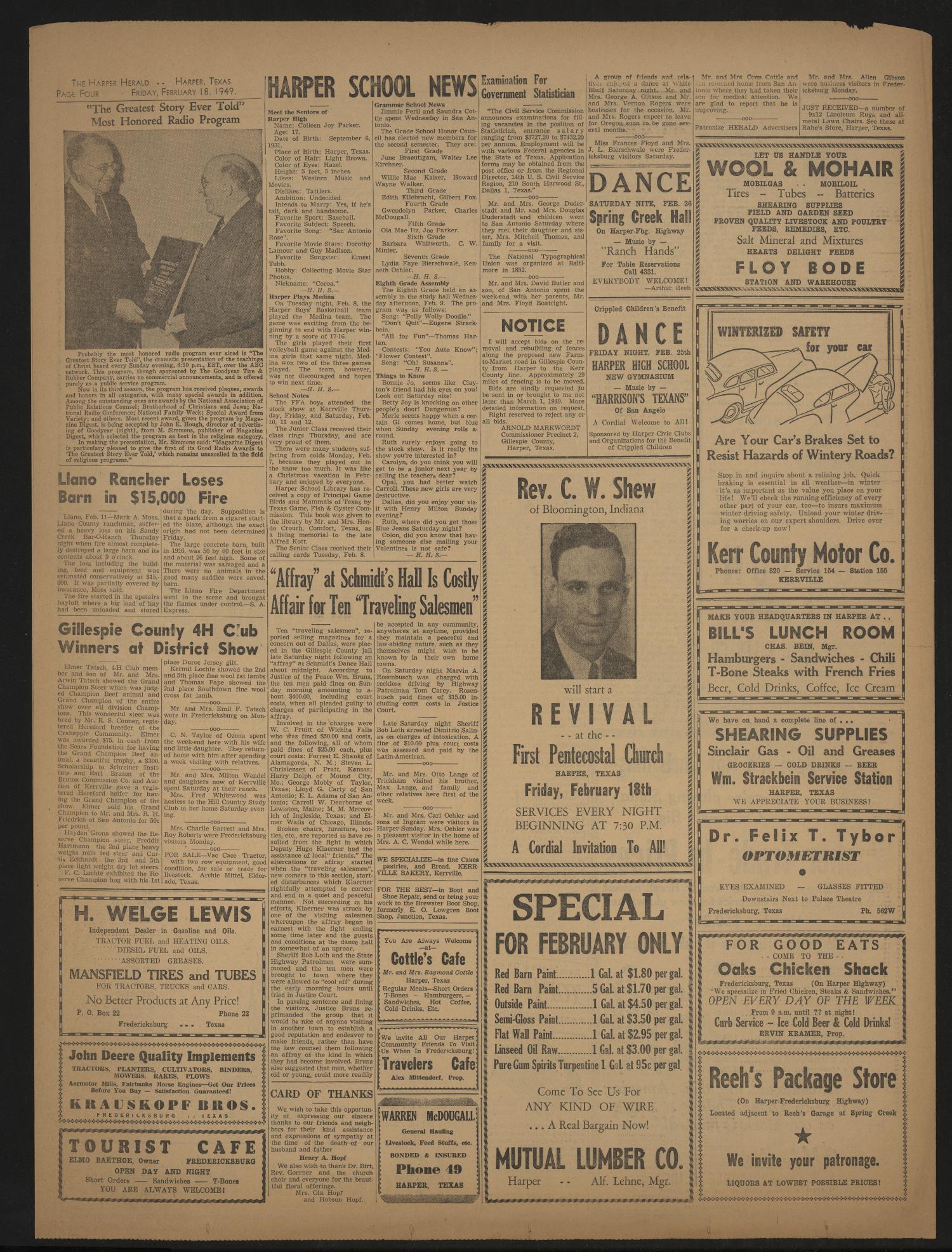 The Harper Herald (Harper, Tex.), Vol. 34, No. 7, Ed. 1 Friday, February 18, 1949
                                                
                                                    [Sequence #]: 4 of 4
                                                