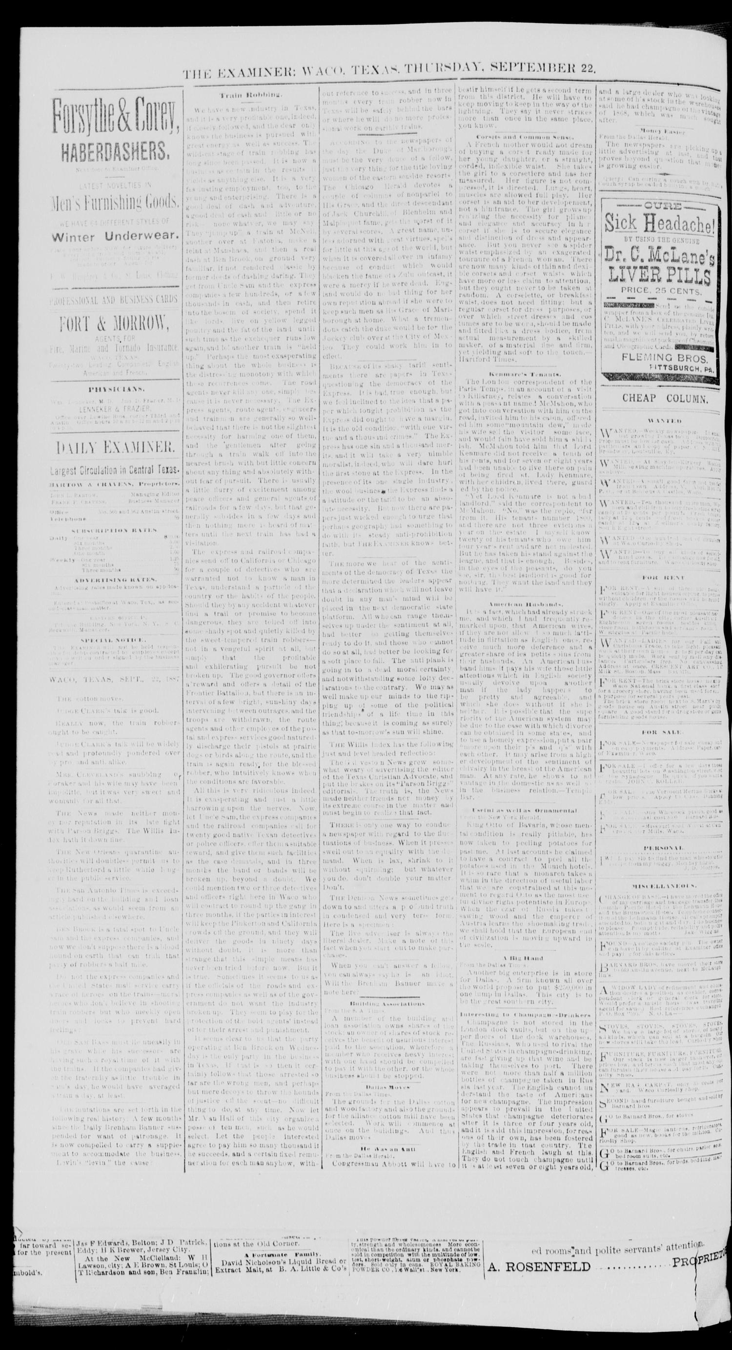 Waco Daily Examiner. (Waco, Tex.), Vol. 20, No. 264, Ed. 1, Thursday, September 22, 1887
                                                
                                                    [Sequence #]: 4 of 8
                                                