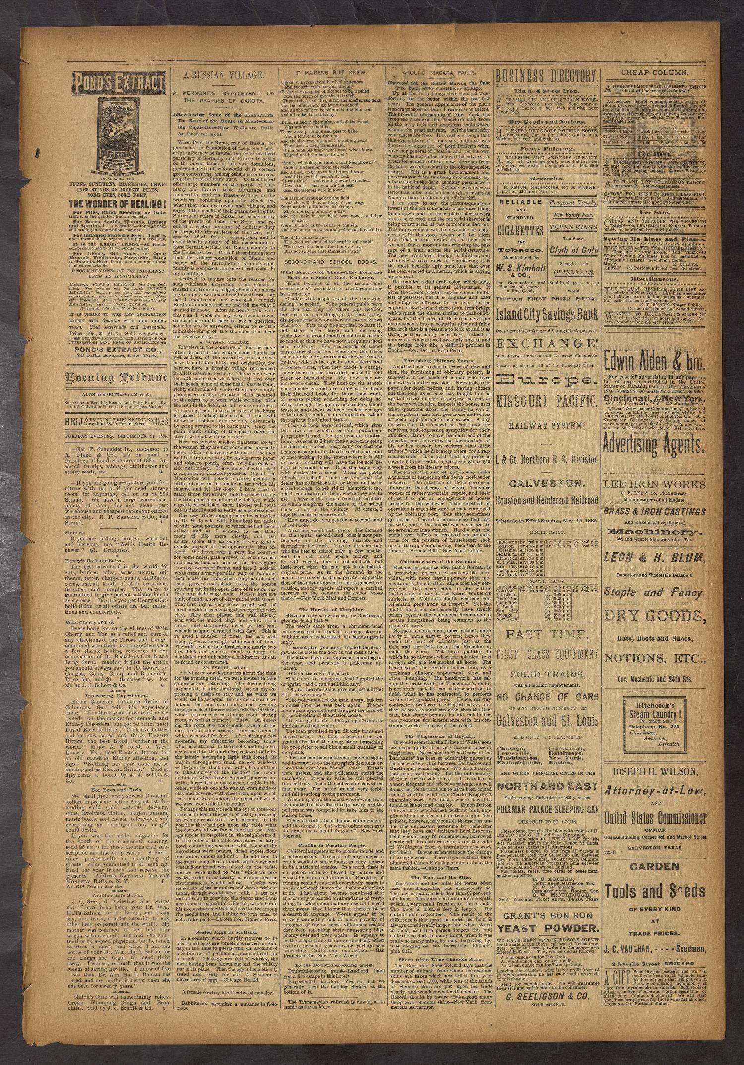 Evening Tribune. (Galveston, Tex.), Vol. 7, No. 14, Ed. 1 Tuesday, September 21, 1886
                                                
                                                    [Sequence #]: 3 of 4
                                                