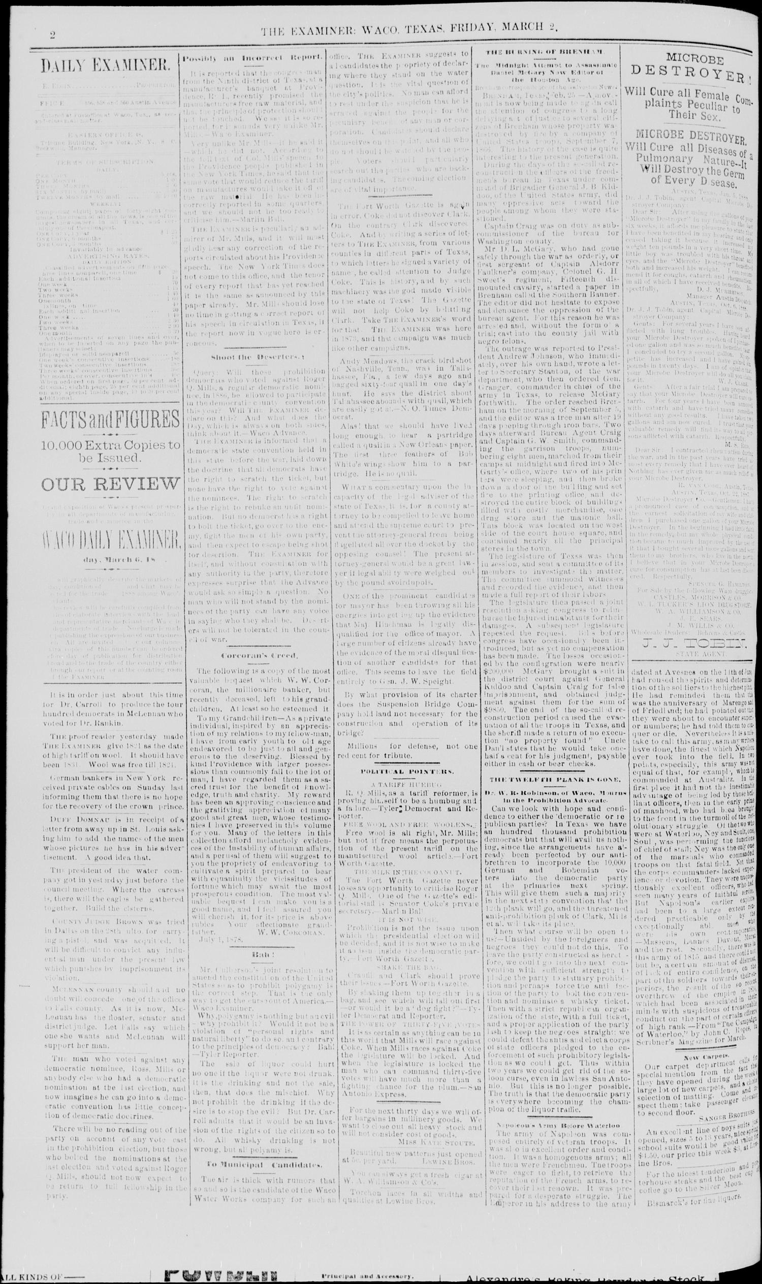 Waco Daily Examiner. (Waco, Tex.), Vol. 21, No. 89, Ed. 1, Friday, March 2, 1888
                                                
                                                    [Sequence #]: 2 of 8
                                                