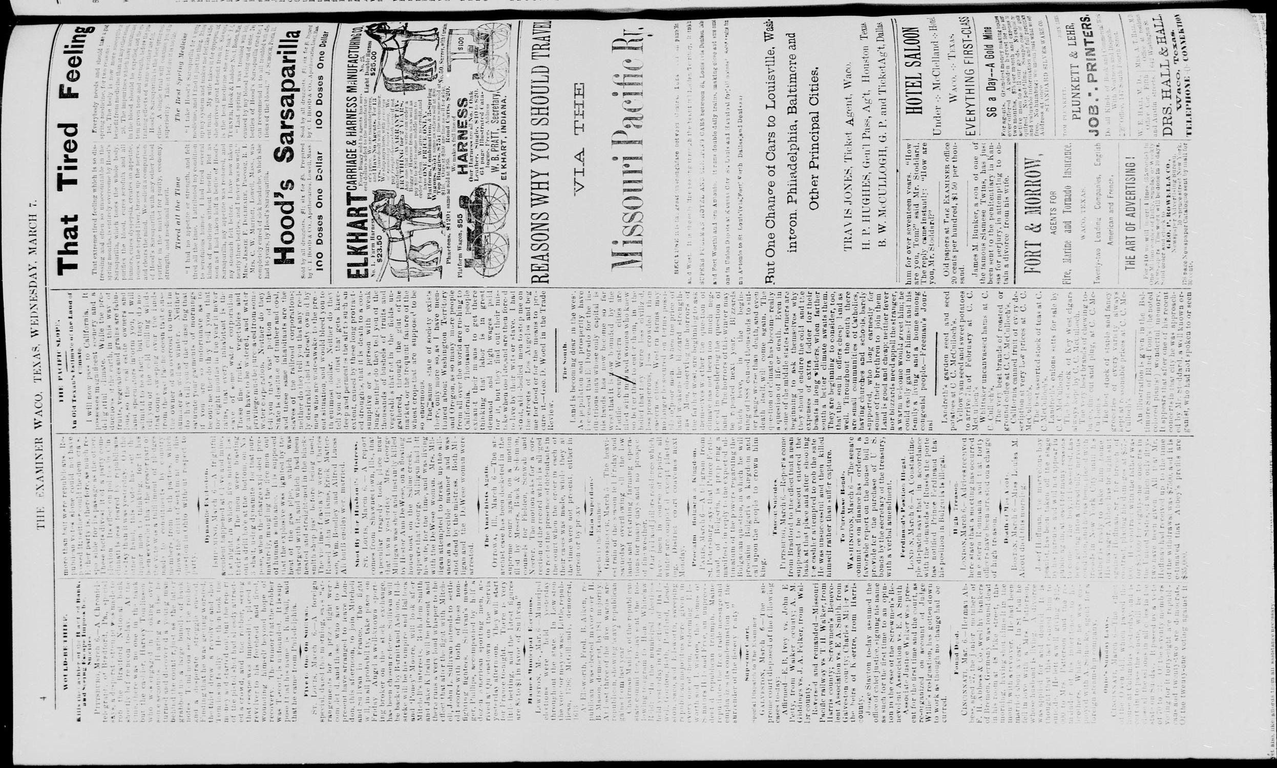 Waco Daily Examiner. (Waco, Tex.), Vol. 21, No. 93, Ed. 1, Wednesday, March 7, 1888
                                                
                                                    [Sequence #]: 4 of 8
                                                