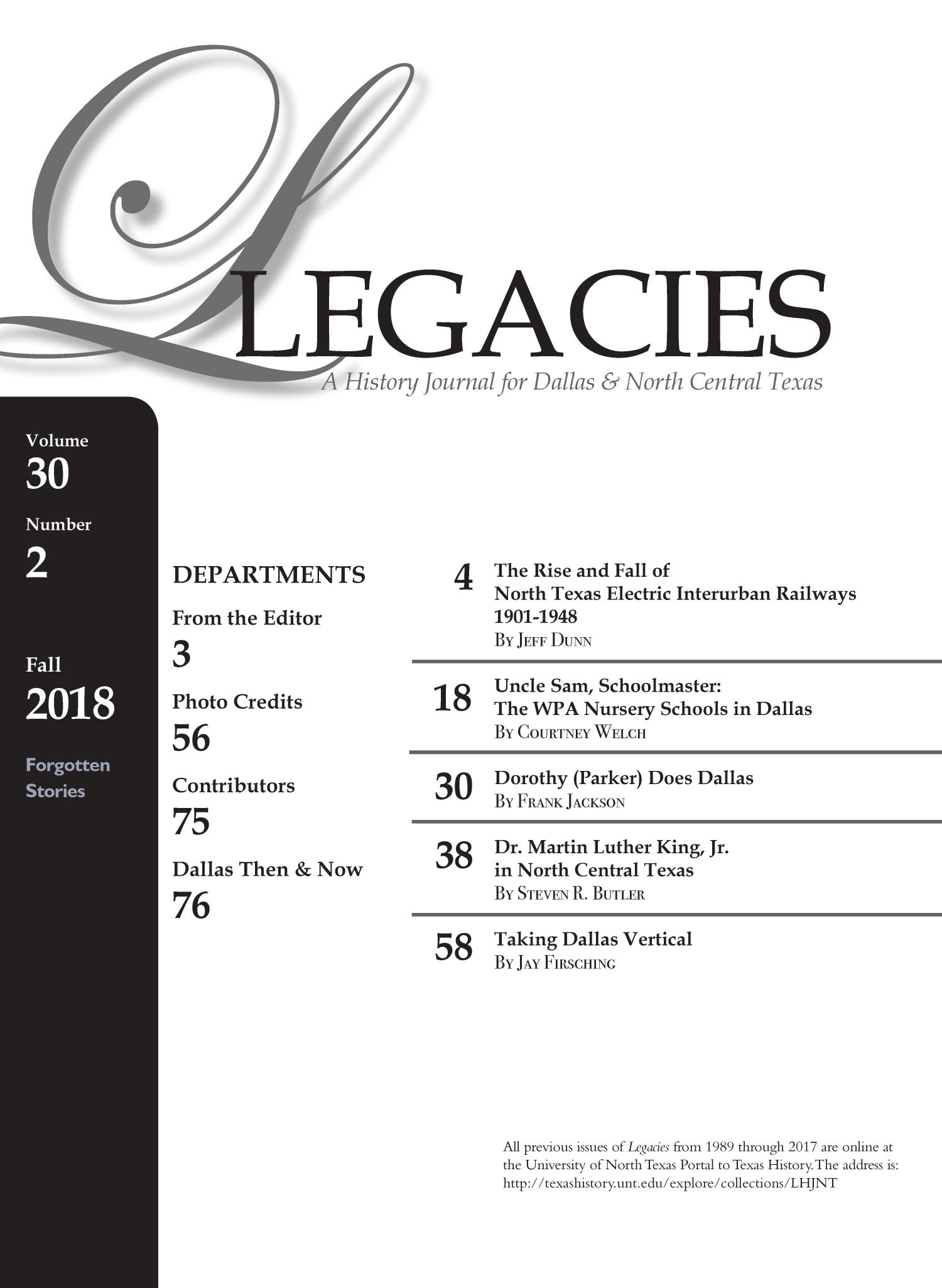 Legacies: A History Journal for Dallas and North Central Texas, Volume 30, Number 2, Fall 2018
                                                
                                                    Title Page
                                                