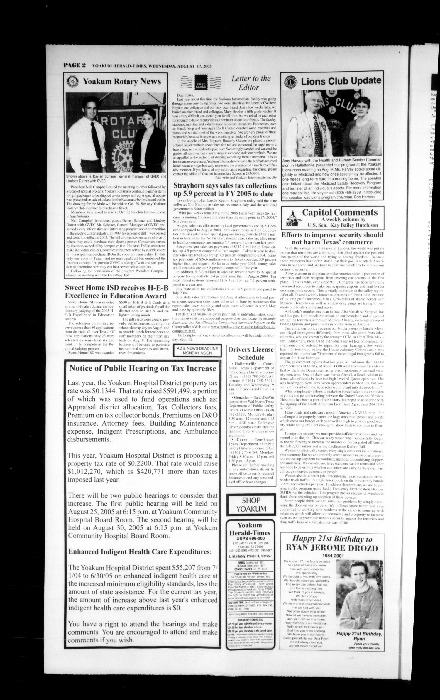 Yoakum Herald-Times (Yoakum, Tex.), Vol. 113, No. 33, Ed. 1 Wednesday, August 17, 2005
                                                
                                                    [Sequence #]: 2 of 14
                                                