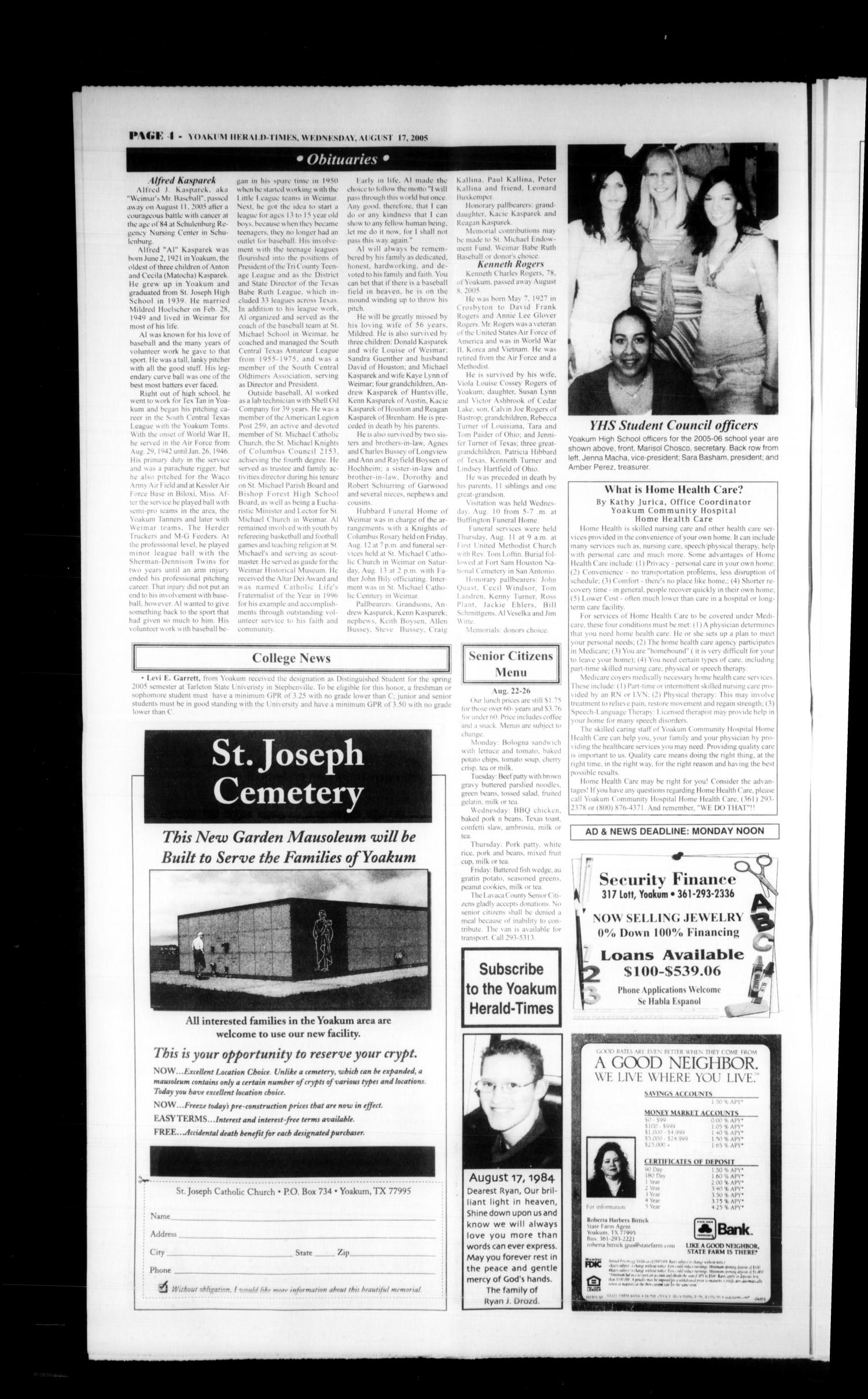 Yoakum Herald-Times (Yoakum, Tex.), Vol. 113, No. 33, Ed. 1 Wednesday, August 17, 2005
                                                
                                                    [Sequence #]: 4 of 14
                                                