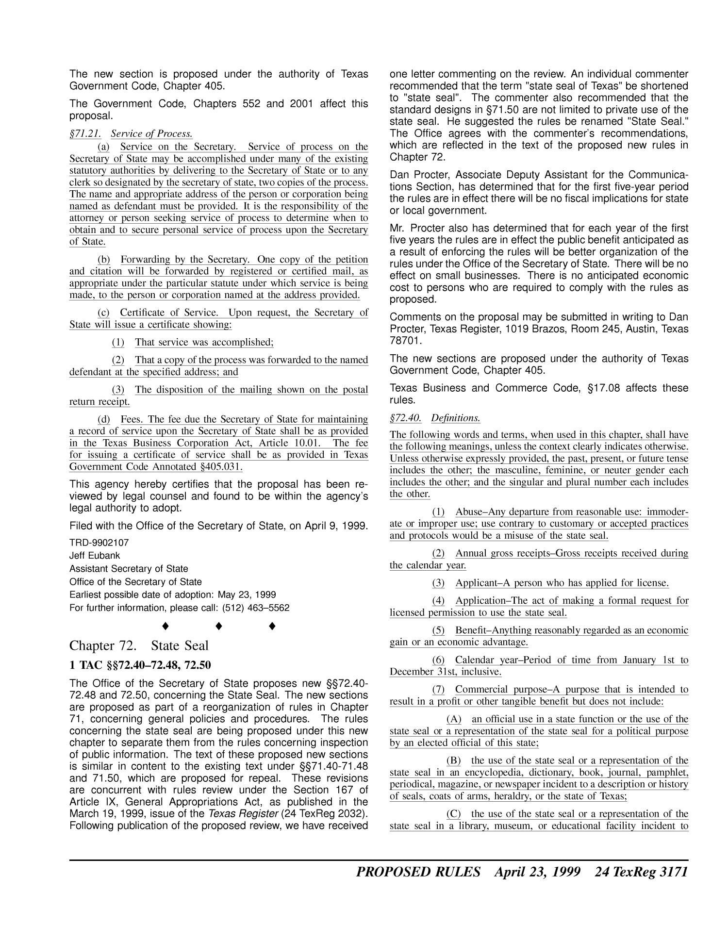 Texas Register, Volume 24, Number 17, Pages 3153-3263, April 23, 1999
                                                
                                                    3171
                                                