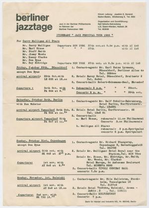Primary view of object titled 'Berliner Jazztage: itinerary for 1965 tour'.