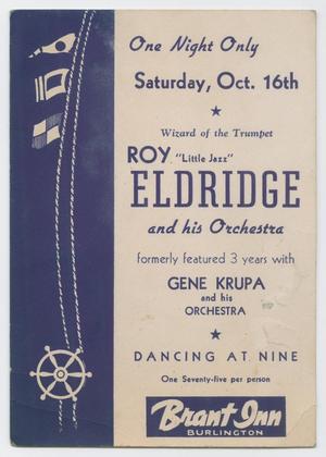 Primary view of object titled 'Advertisement for Roy Eldridge and his Orchestra at the Brant Inn, Burlington, Ontario, Canada'.