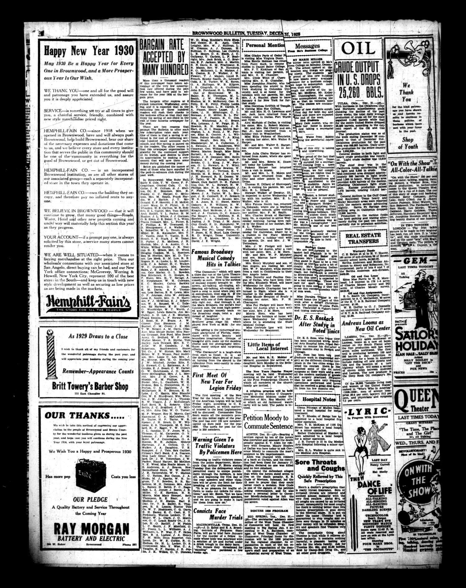 Brownwood Bulletin (Brownwood, Tex.), Vol. 30, No. 65, Ed. 1 Tuesday, December 31, 1929
                                                
                                                    [Sequence #]: 6 of 12
                                                