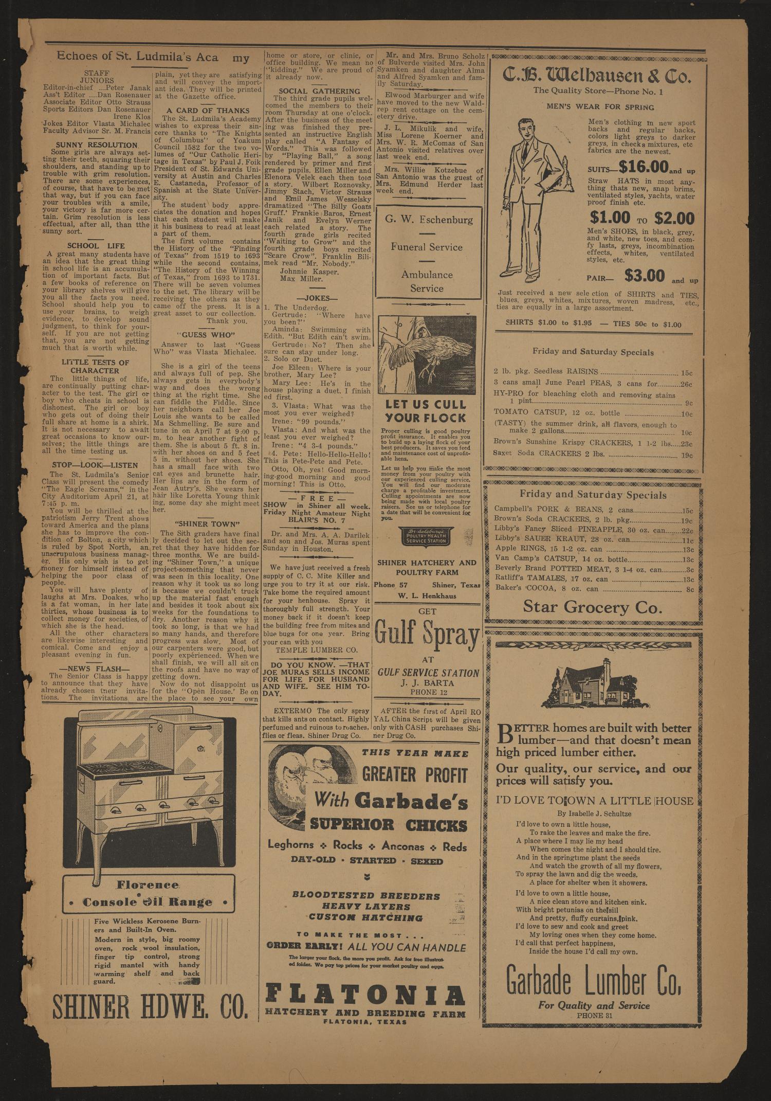 Shiner Gazette (Shiner, Tex.), Vol. 45, No. 14, Ed. 1 Thursday, April 7, 1938
                                                
                                                    [Sequence #]: 5 of 10
                                                