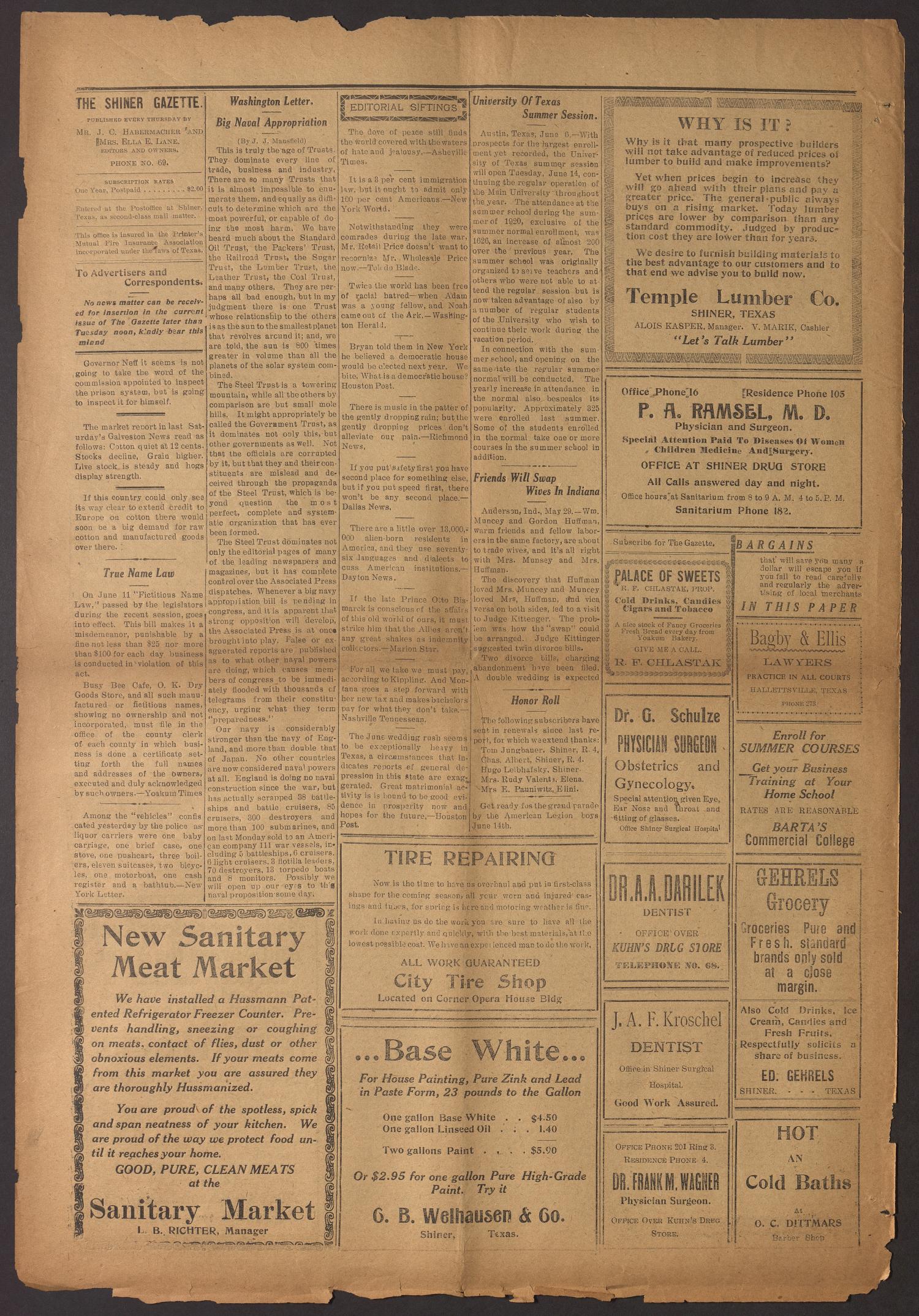 Shiner Gazette (Shiner, Tex.), Vol. 28, No. 35, Ed. 1 Thursday, June 9, 1921
                                                
                                                    [Sequence #]: 4 of 10
                                                