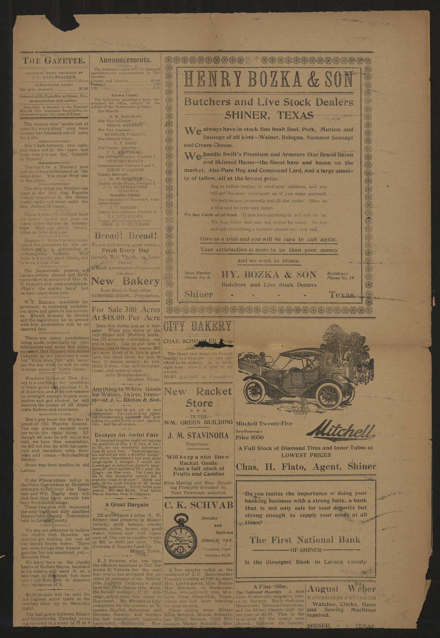 Shiner Gazette. (Shiner, Tex.), Vol. 19, No. 39, Ed. 1 Thursday, May 23, 1912
                                                
                                                    [Sequence #]: 4 of 10
                                                