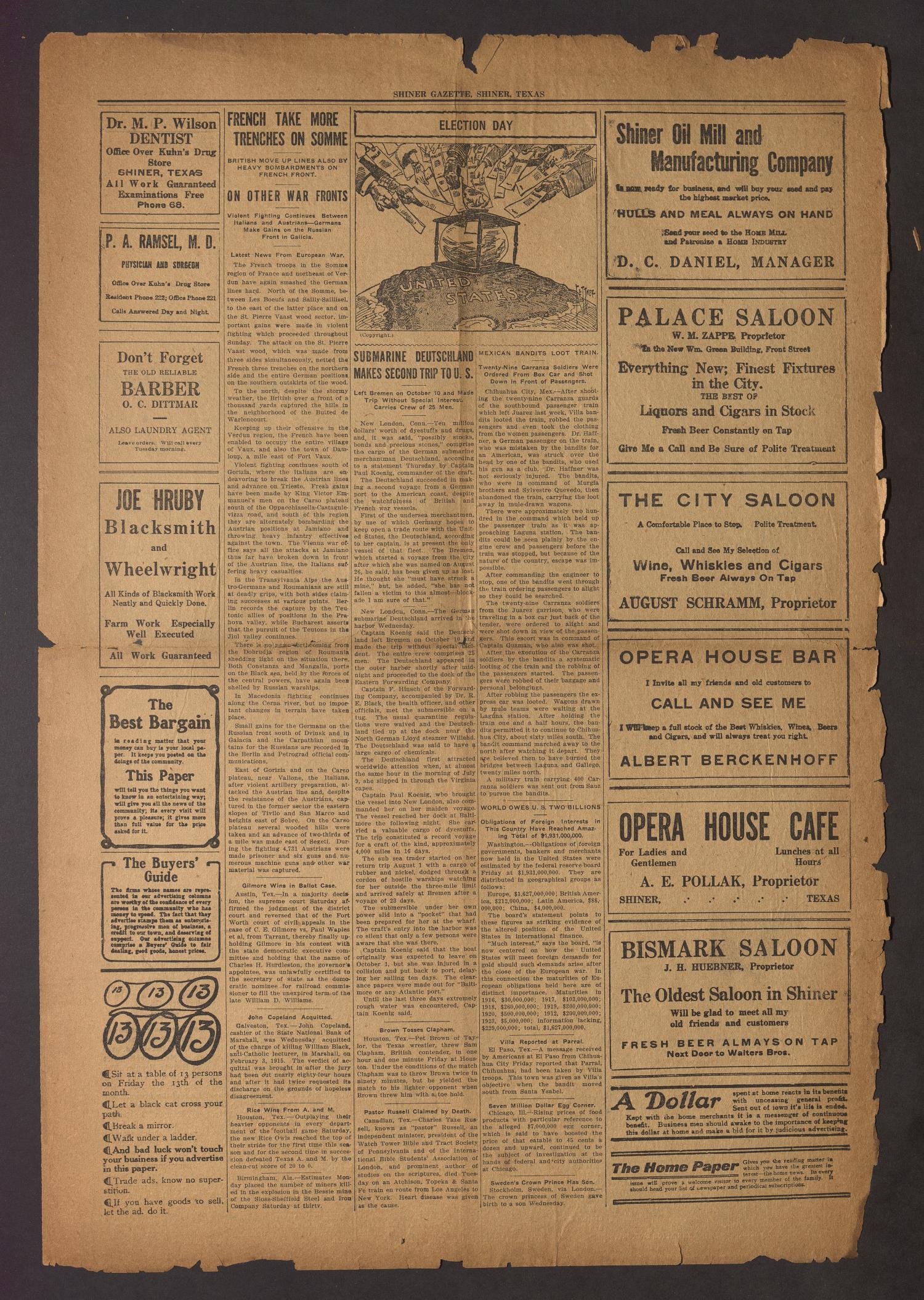 Shiner Gazette (Shiner, Tex.), Vol. 24, No. 9, Ed. 1 Thursday, November 9, 1916
                                                
                                                    [Sequence #]: 2 of 8
                                                