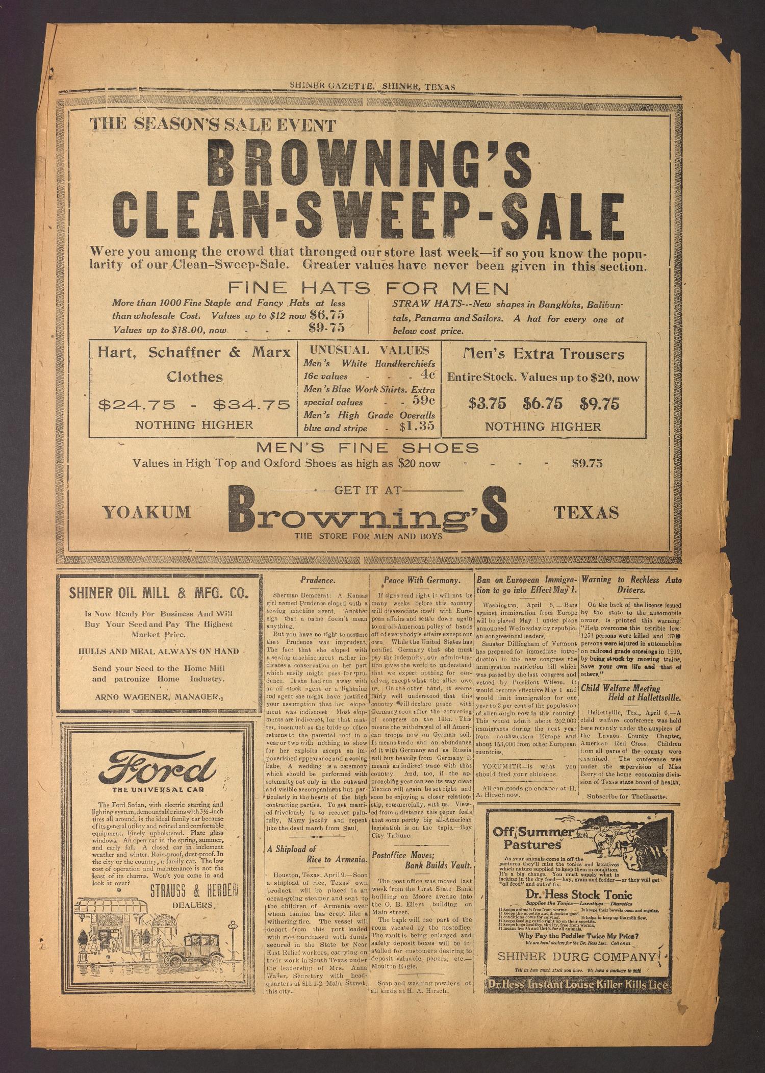 Shiner Gazette (Shiner, Tex.), Vol. 28, No. 27, Ed. 1 Thursday, April 14, 1921
                                                
                                                    [Sequence #]: 5 of 10
                                                
