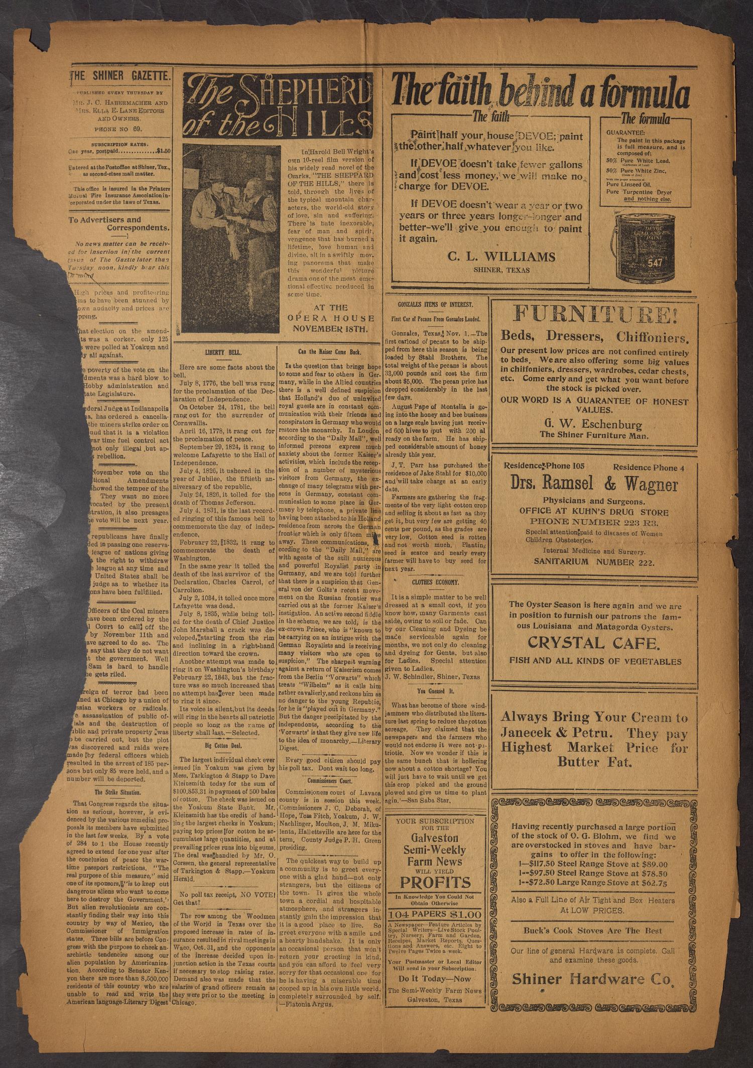 Shiner Gazette (Shiner, Tex.), Vol. 27, No. 6, Ed. 1 Thursday, November 13, 1919
                                                
                                                    [Sequence #]: 4 of 8
                                                