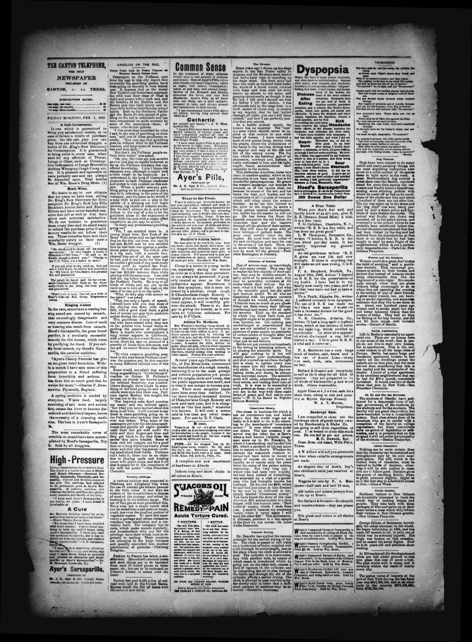 The Canton Telephone. (Canton, Tex.), Vol. 7, No. 29, Ed. 1 Friday, February 1, 1889
                                                
                                                    [Sequence #]: 4 of 4
                                                