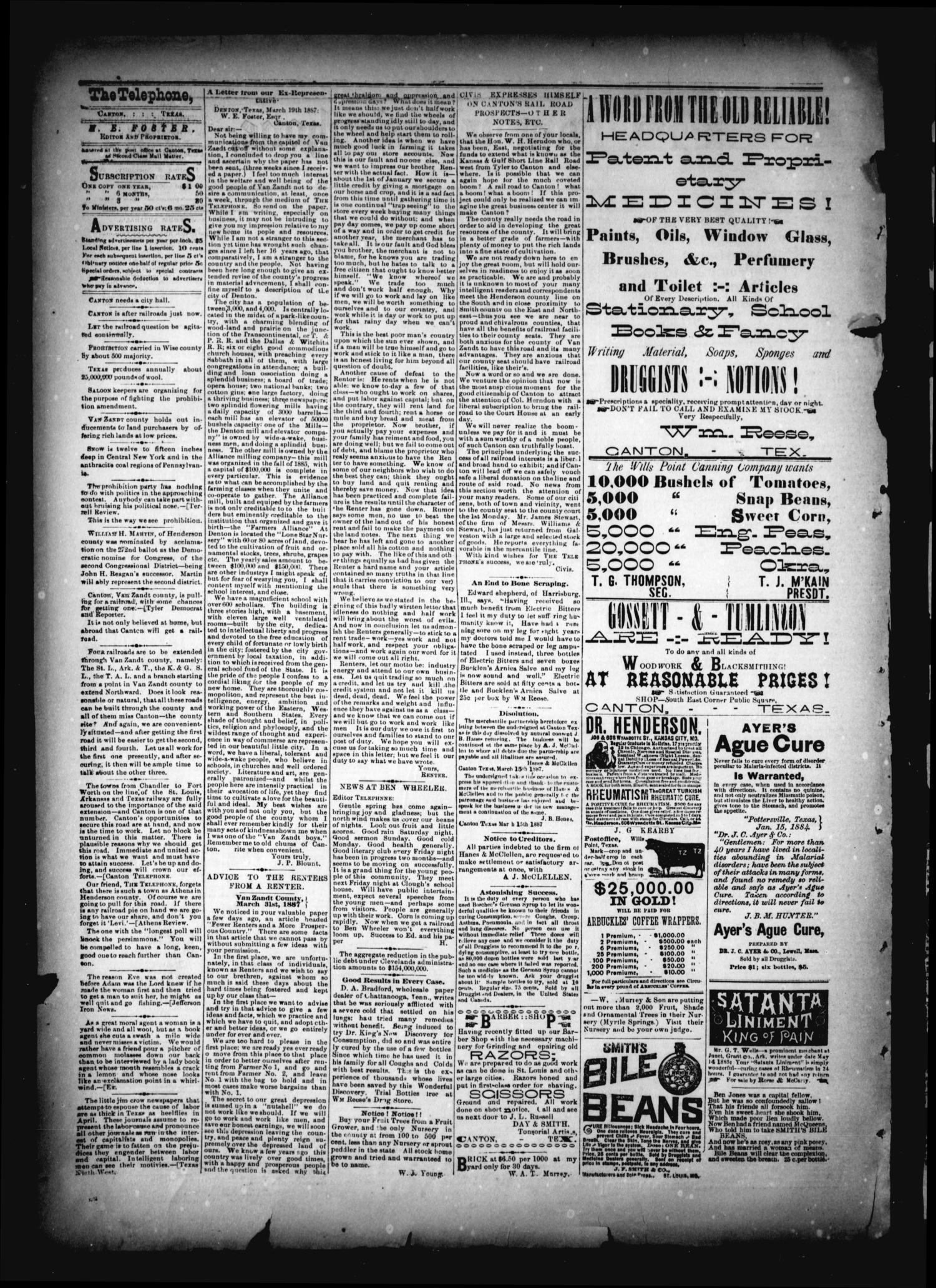 The Canton Telephone. (Canton, Tex.), Vol. 5, No. 40, Ed. 1 Friday, March 25, 1887
                                                
                                                    [Sequence #]: 2 of 4
                                                