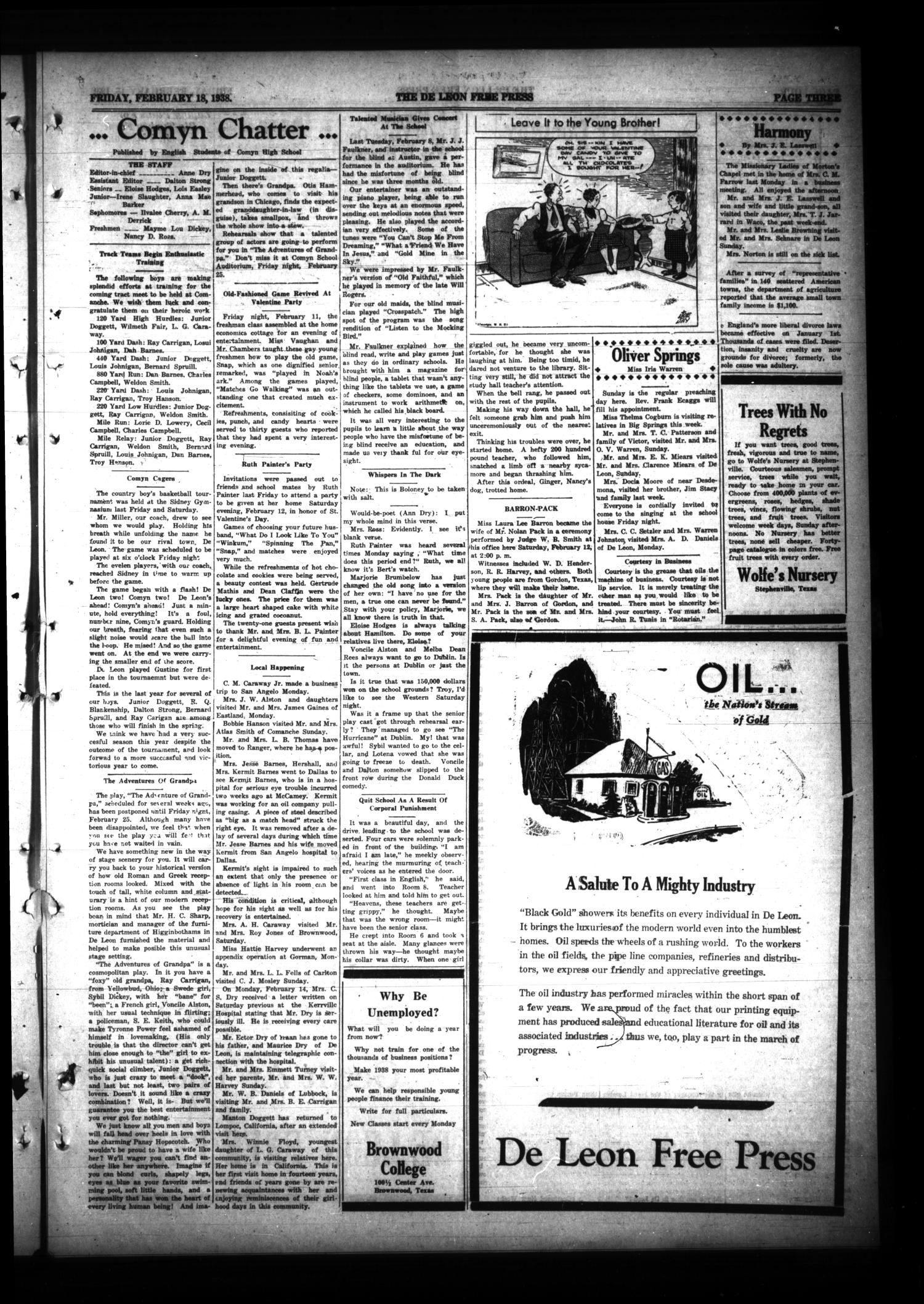 The DeLeon Free Press. (De Leon, Tex.), Vol. 47, No. 35, Ed. 1 Friday, February 18, 1938
                                                
                                                    [Sequence #]: 3 of 8
                                                