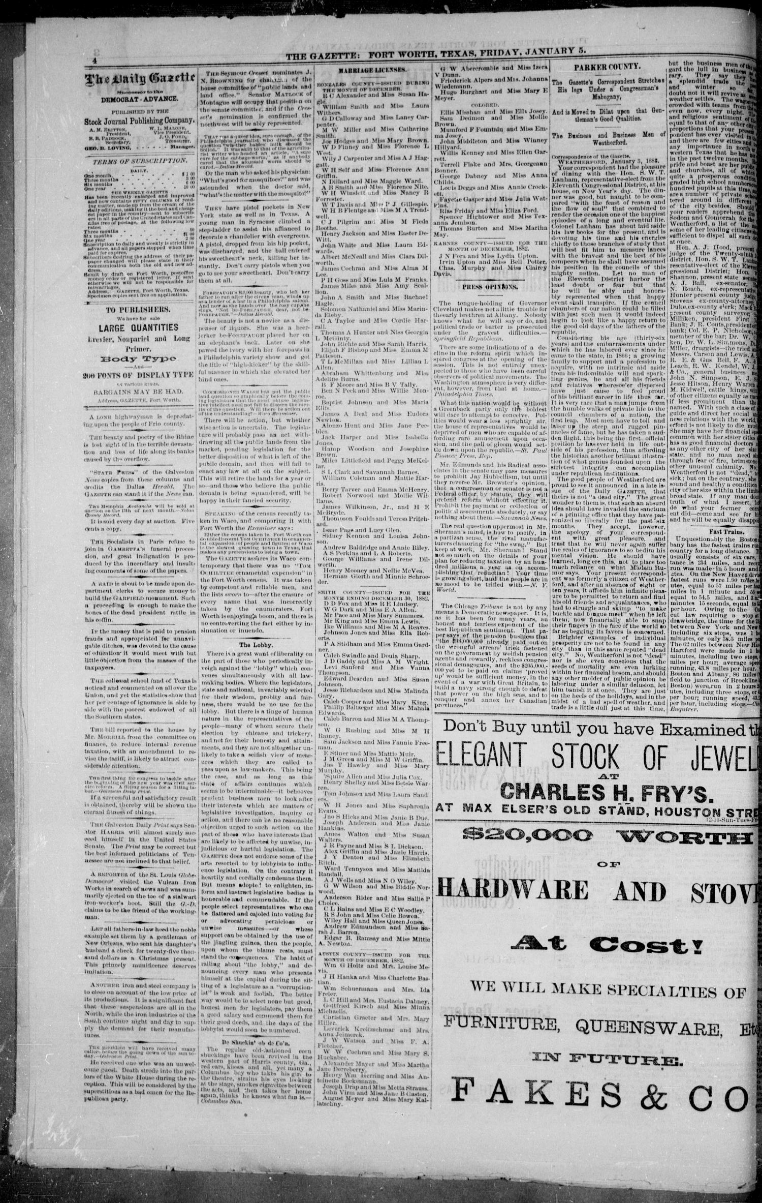 Fort Worth Daily Gazette. (Fort Worth, Tex.), Vol. 7, No. 17, Ed. 1, Friday, January 5, 1883
                                                
                                                    [Sequence #]: 4 of 8
                                                