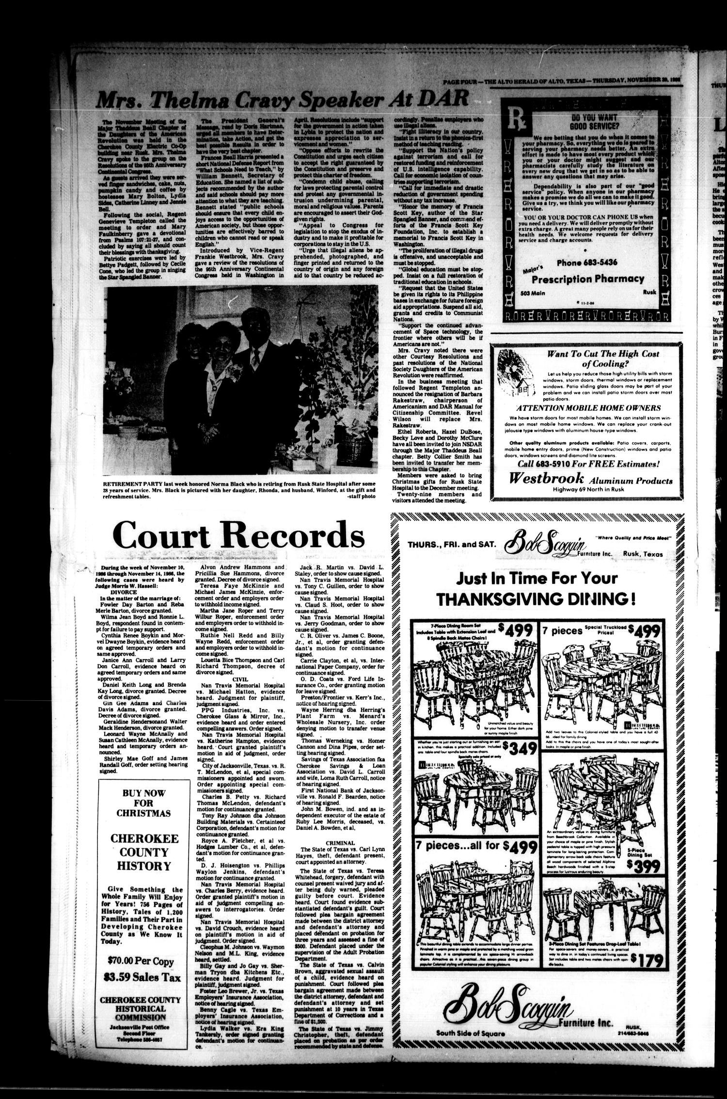 The Alto Herald and The Wells News 'N Views (Alto, Tex.), Vol. 91, No. 28, Ed. 1 Thursday, November 20, 1986
                                                
                                                    [Sequence #]: 4 of 8
                                                