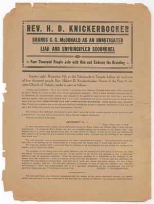 Primary view of object titled 'Rev. H. D. Knickerbocker Brands C. C. McDonald as an Unmitigated Liar and Unprincipled Scoundrel'.