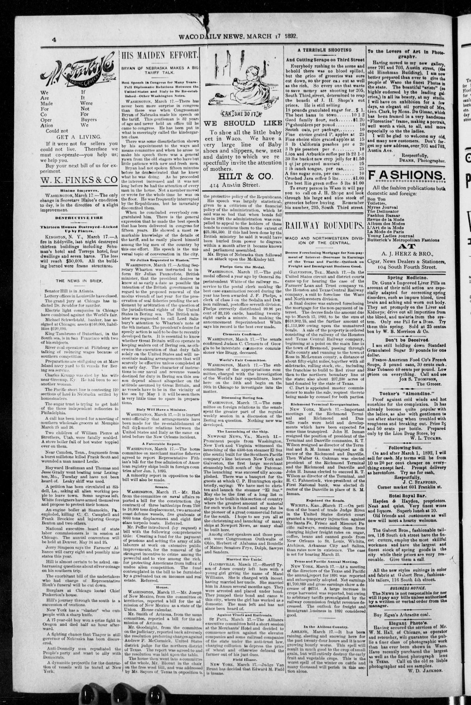 The Waco Evening News. (Waco, Tex.), Vol. 4, No. 212, Ed. 1, Thursday, March 17, 1892
                                                
                                                    [Sequence #]: 4 of 8
                                                
