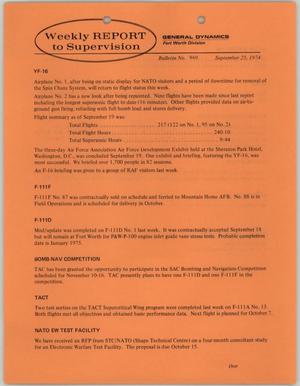 Convair Weekly Report to Supervision, Number 940, September 25, 1974