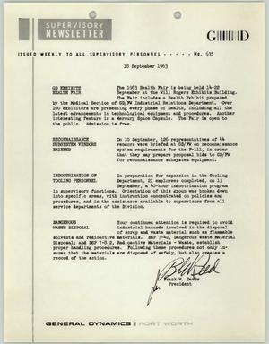 Convair Supervisory Newsletter, Number 635, September 18, 1963