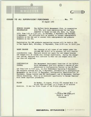 Convair Supervisory Newsletter, Number 703, August 25, 1965