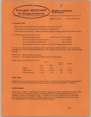 Primary view of object titled 'Convair Weekly Report to Supervision, Number 993, December 22, 1976'.