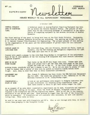 Convair Supervisory Newsletter, Number 274, October 3, 1956
