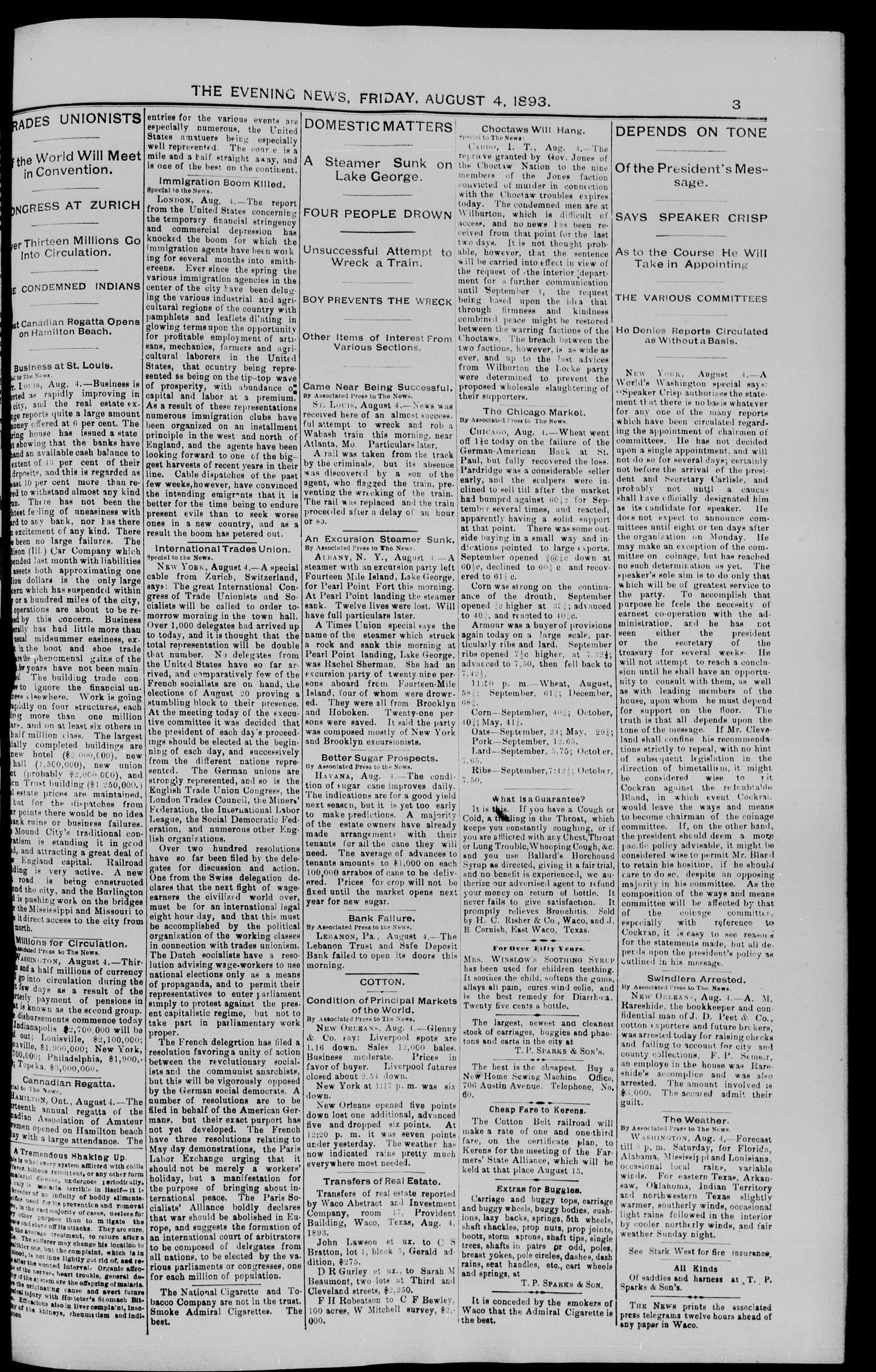 The Waco Evening News. (Waco, Tex.), Vol. 6, No. 17, Ed. 1, Friday, August 4, 1893
                                                
                                                    [Sequence #]: 3 of 8
                                                