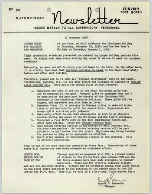 Convair Supervisory Newsletter, Number 389, December 17, 1958