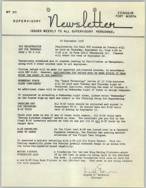 Primary view of object titled 'Convair Supervisory Newsletter, Number 375, September 10, 1958'.