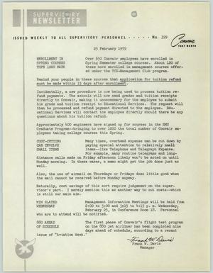 Convair Supervisory Newsletter, Number 399, February 25, 1959