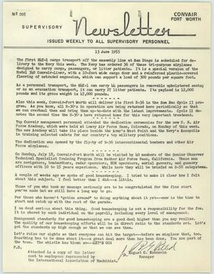 Primary view of object titled 'Convair Supervisory Newsletter, Number 205, [July] 13, 1955'.